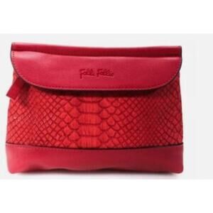 Folli Follie Womens Faux Leather Small Cosmetic Case Pouch Red Zipper Snake Skin